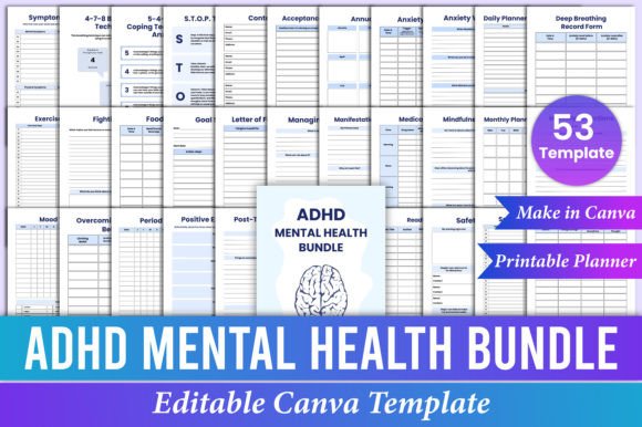 Download ADHD Mental Health Planner Bundle Canva - Planner Collection