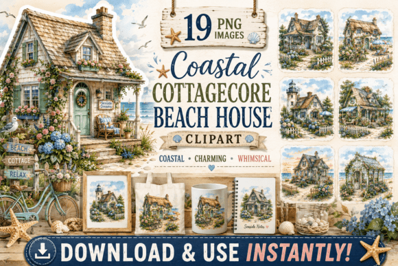 Download Coastal Cottagecore Beach House Clipart - Premium Bundle
