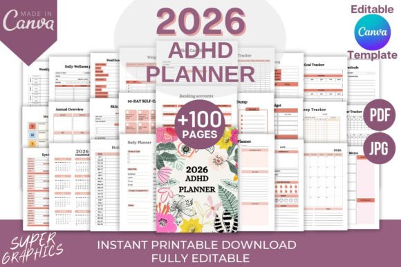 Download Editable 2026 ADHD Planner for Canva - Planner Collection